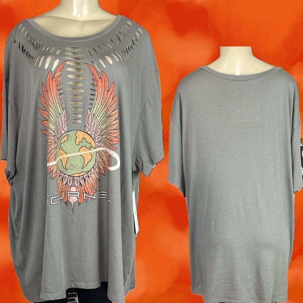 Vinyl Icons +4 Gray Slashed Crew Neckline Journey Band Graphic Short Sleeve Tee